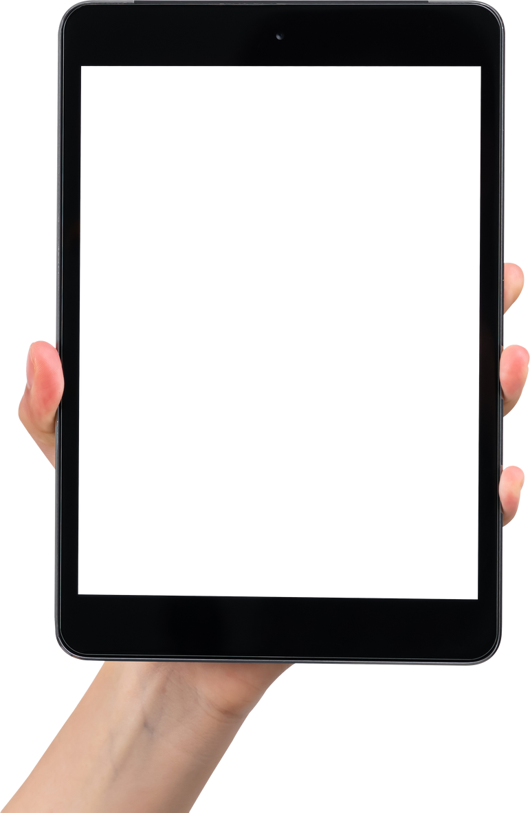 Hand holding tablet with blank screen.